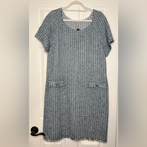 St. John Teal Blue Tweed Knit Fringe Hem Dress | Size 14